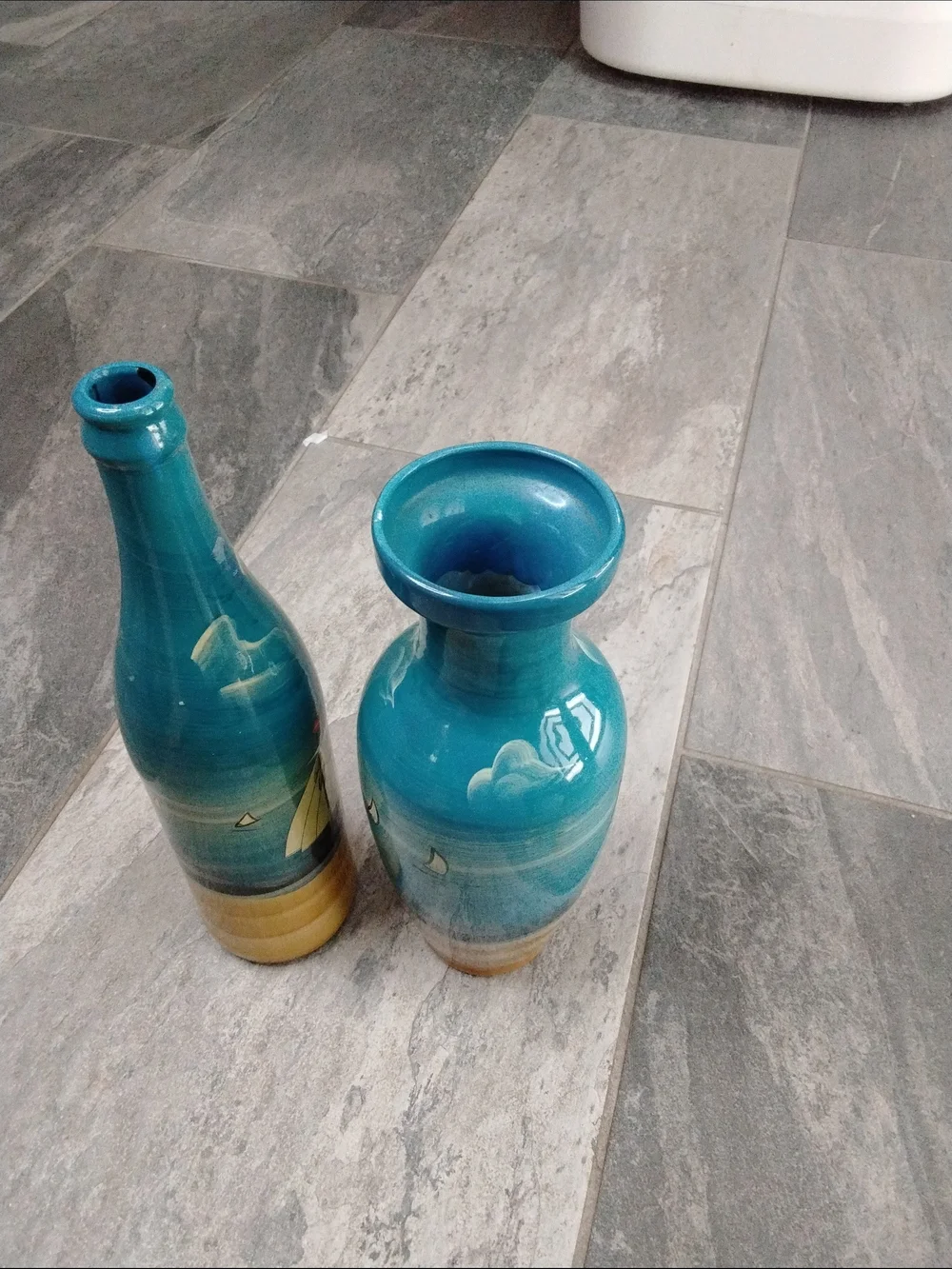 Turquoise Lighthouse Paintrd Glass Bottle And Vase - Home Accents